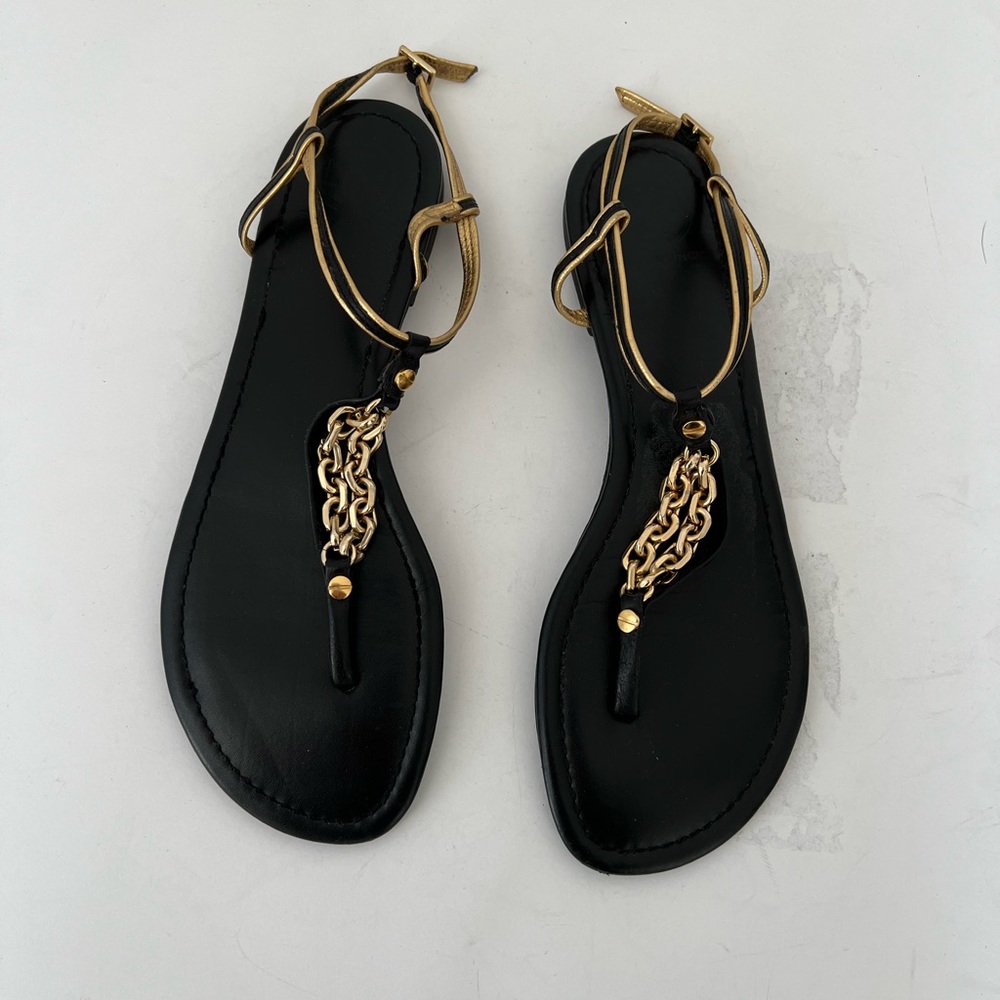 Tory Burch black Metallic Gold Leather thong Sandals 9.